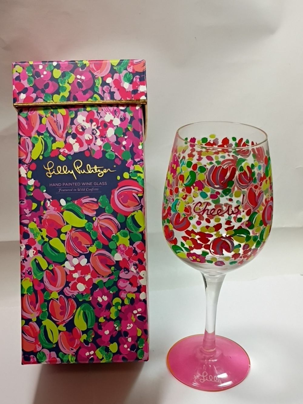Lilly Pulitzer Pink Confetti Hand-Painted Wine Glass With Box